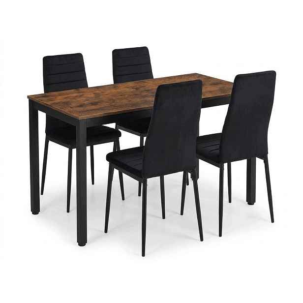Loftový jídelní set 120x60 cm, dekor starý dub 4 černé sametové židle Axell