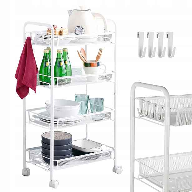 Kovový Vozík, Mobilní Organizér, Stolek 4 Úrovně, Zámek Koleček 81 CM, Bílý