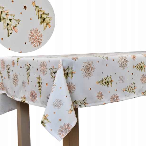 Vánoční ubrus s potiskem 140 x 240 cm bílý s vánočními stromky na stůl Dárek