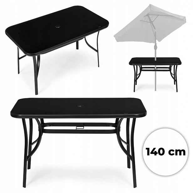 Zahradní stůl 140x80 cm tvrzené sklo otvor na slunečník černý MultiGarden