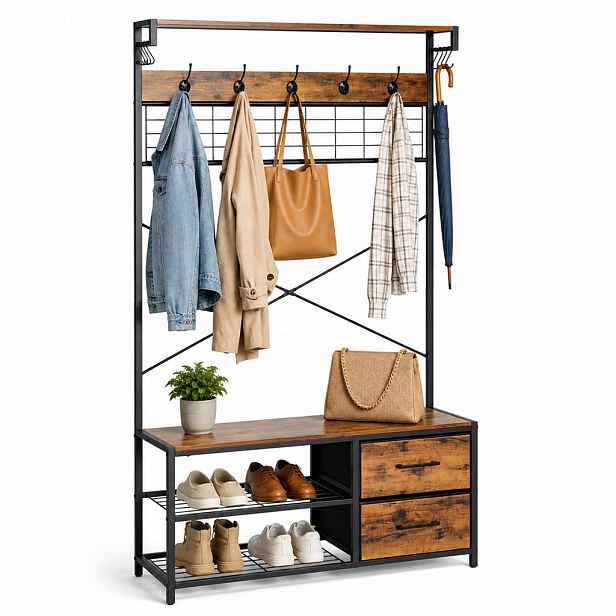 Relaxdays VĚŠÁK Černý industriální se šatní lavicí a botníkem 176 cm