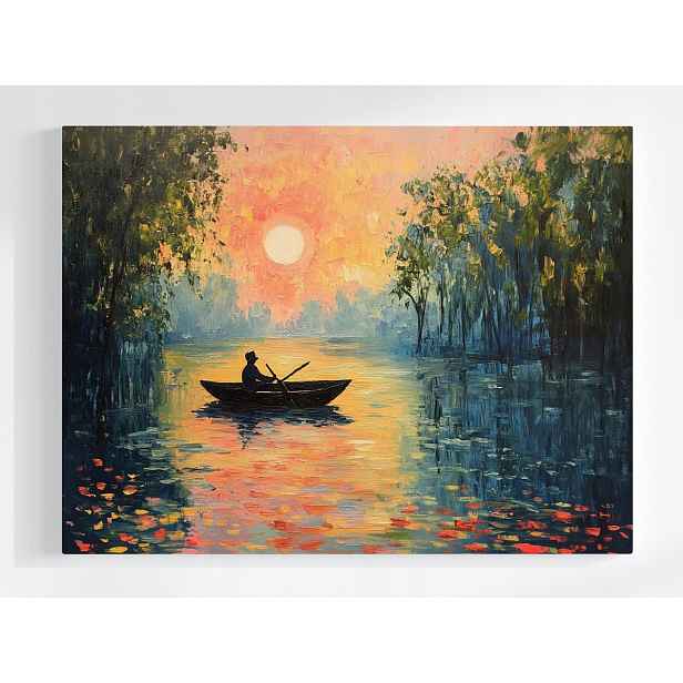Plakát Krajina Jezero Voda Loď Loďka Slunce Západ 100x75