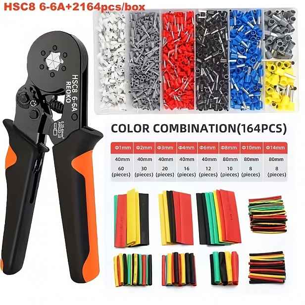 TEMU Mini krimpovací sada 2164 dílů, vhodná pro krimpovací kleště HSC8 6-6A 0,25-6mm² / AWG23, včetně 2000 trubkových koncovek VE v 7 velikostech +