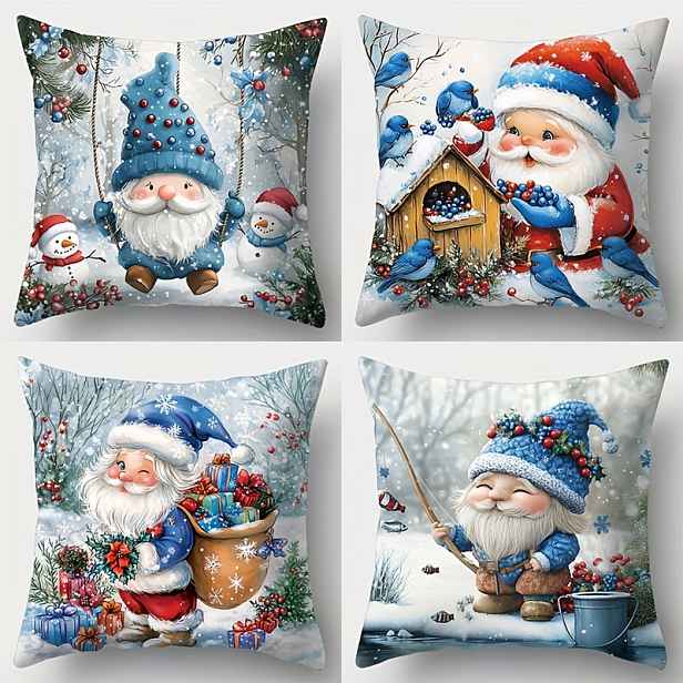 TEMU 4 ks, Vánoce, Santa Claus, sněhové vločky, vánoční stromek, ptačí , bobule, skřítci a další vzorované povlaky na polštáře. Obvod pasu 17,72 *