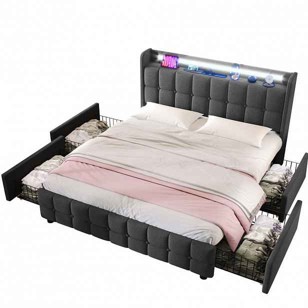 CHICFURN ČALOUNĚNÁ POSTEL 180/200 cm v šedé barvě se 4 zásuvkami, LED a USB