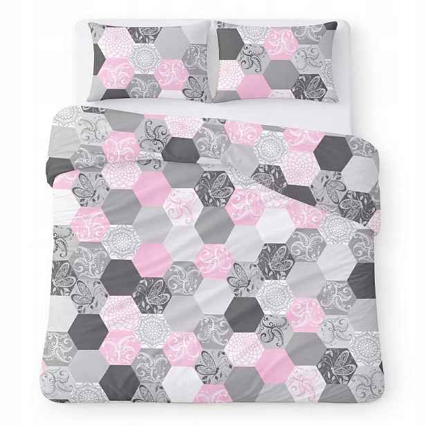 Povlečení bavlněné 200x220 šedo-růžové s moderními hexagony Cotton Home