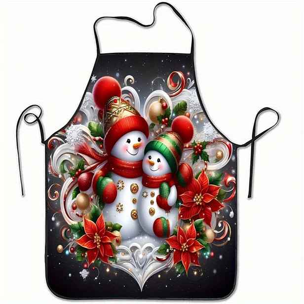 TEMU 1 ks Slavnostní vánoční zástěra Sněhulák - Polyester bez rukávů s vánočními dekoracemi (Červená čepice, Zelené kalhoty, Poinsettie & Vlákna) pro