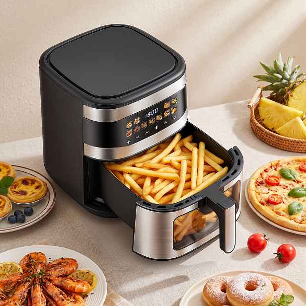 TEMU Horkovzdušná fritéza s okénkem, 11 přednastavených menu, trouba Airfryer pro rodinu, barevný LCD dotykový displej, pečení, sušení, nepřilnavý a
