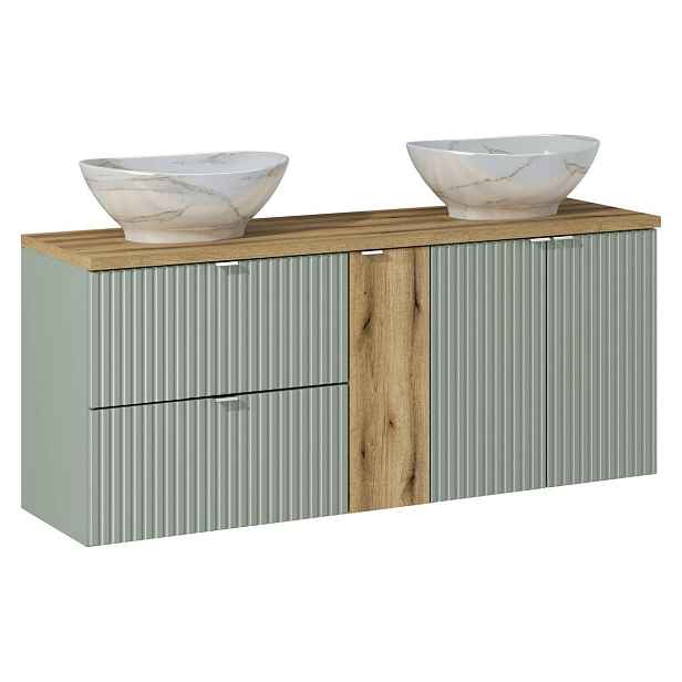 Comad Závěsná skříňka Line Reed Green Pati s deskou a umyvadly 140 cm zelená/dub coast evoke