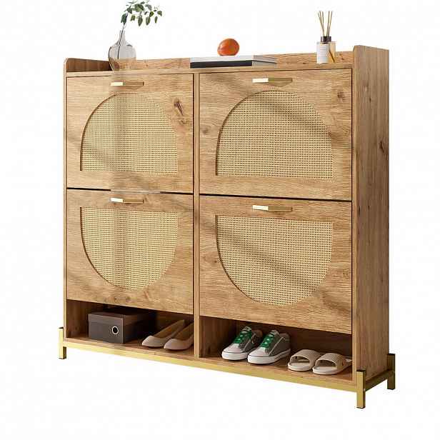 Modfu BOTNÍK z MDF 108,5x24x100 cm v dekoru dřeva s horní odkládací policí a ratanovým vzhledem