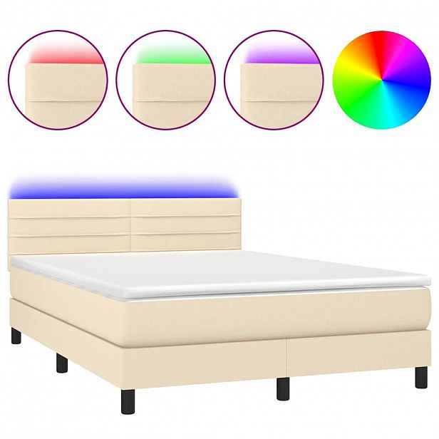 vidaXL Box spring postel s matrací a LED krémová 140x190 cm textil