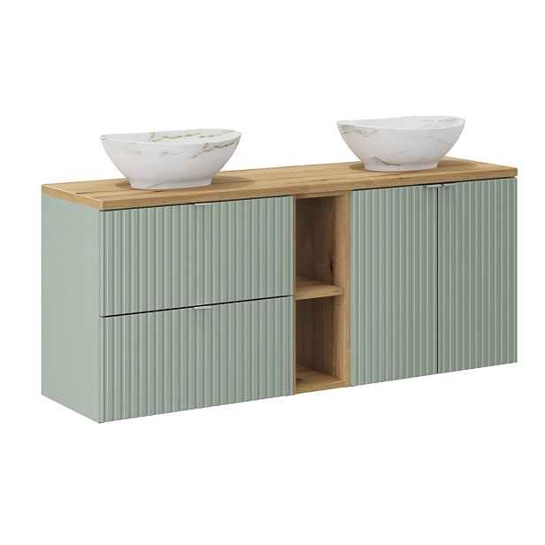 Comad Závěsná skříňka Line Reed Green s deskou a umyvadly 140 cm zelená/dub evoke