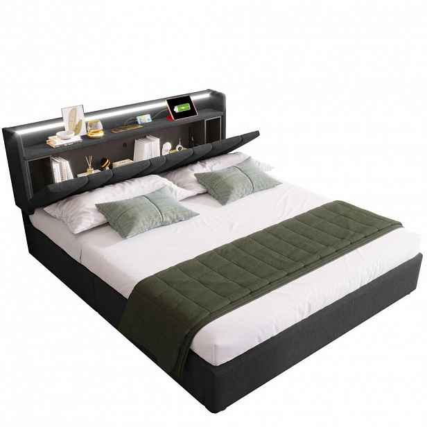Modfu ČALOUNĚNÁ postel z lněné tkaniny 140x200 cm šedá s LED, USB-C, zásuvkami, úložným čelem a matrací
