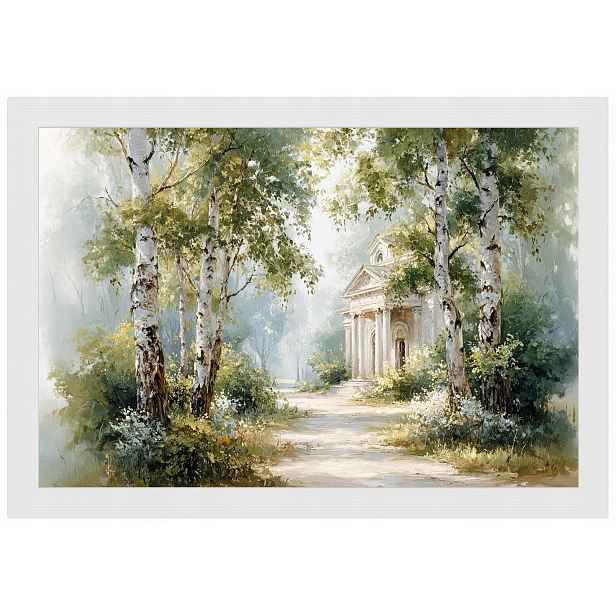 Plakát Rámeček Dřevo Krajina Les Park Břízy Stezka Kostel 60x40