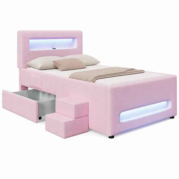 CHICFURN ČALOUNĚNÁ POSTEL 90/200 cm v růžové barvě se zásuvkou, LED osvětlením a schůdky