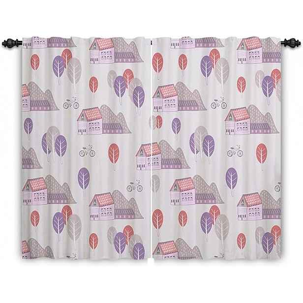 Dětské záclony vzhled lnu 107 x 160 cm 2 ks domeček stromy hory vzor Růžový