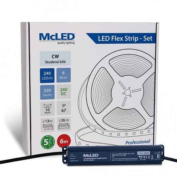 McLED LED pásek - sada 6 m, 240 LED/m, CW, 6 W/m, DC 24V, 520 lm/m, CRI90, IP67, 10 mm, vodič 3 m ML-126.032.90.S06001
