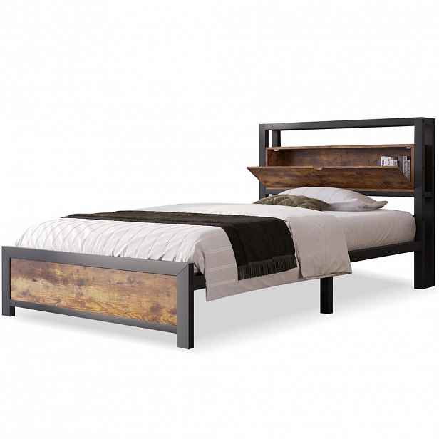 Modfu KOVOVÁ postel z kovu a MDF 90x200 cm přírodní s úložným čelem a kovovým roštem v industriálním stylu