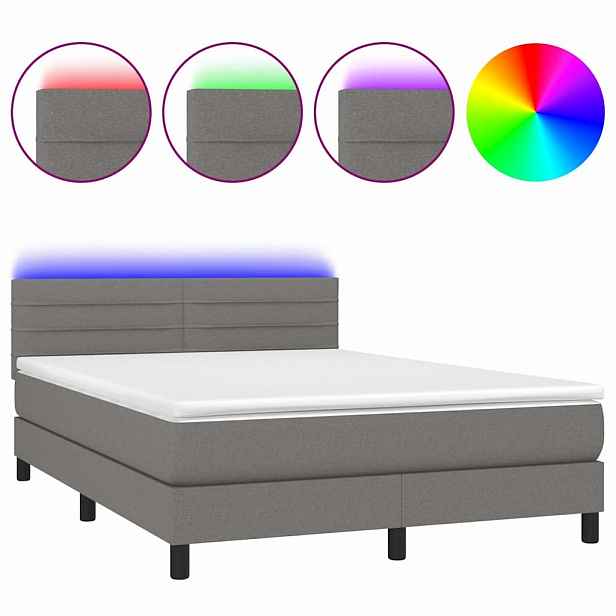 vidaXL Box spring postel s matrací a LED tmavě šedá 140x200 cm textil