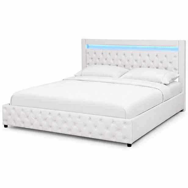 CHICFURN ČALOUNĚNÁ POSTEL 180/200 cm v bílé barvě s úložným prostorem a LED osvětlením
