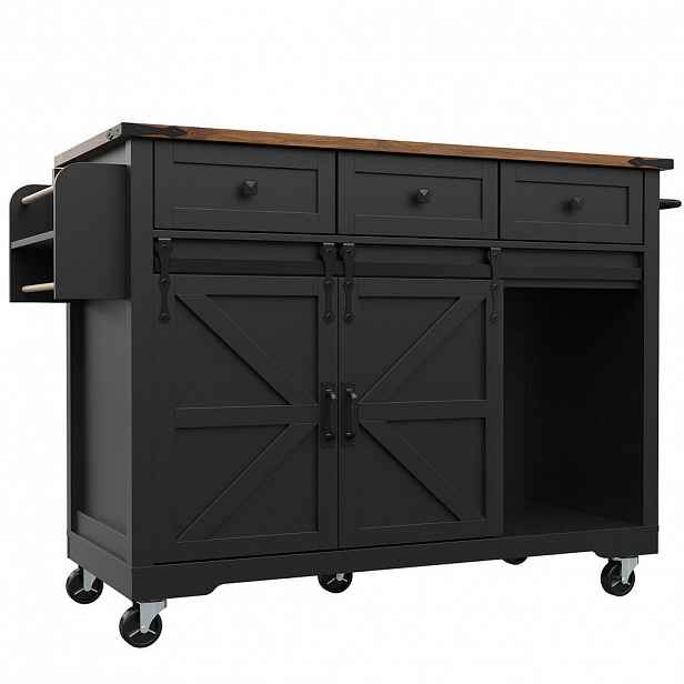 Modfu KUCHYŇSKÝ ostrůvek z MDF 140x45x94 cm černý se skládací deskou, kolečky a posuvnými dveřmi
