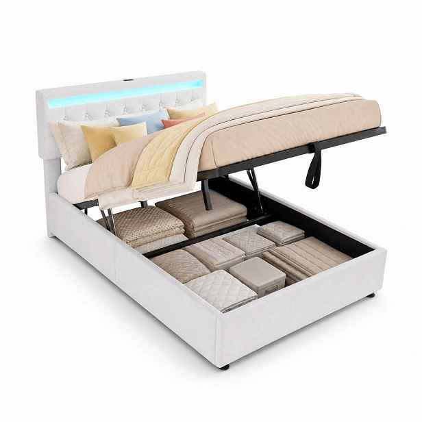CHICFURN ČALOUNĚNÁ POSTEL 140/200 cm v bílé barvě s úložným prostorem, LED, USB a USB-C