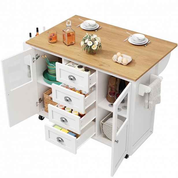 Modfu KUCHYŇSKÝ ostrůvek z MDF a kovu 137,9x73x92,5 cm bílý se sklápěcí deskou, kolečky, 4 zásuvkami a policemi