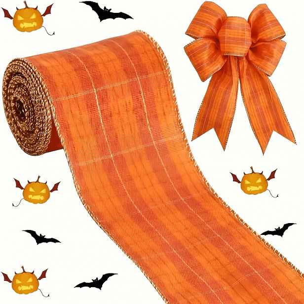 TEMU 1 role 5 yardů 2,5" oranžová pruhovaná jutová stuha s drátěným okrajem, na Den díkůvzdání, podzim, Halloween, Vánoce, pro umělecké a řemeslné