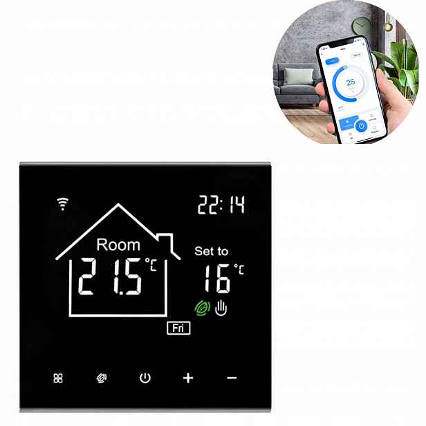 3A Wifi Černý Pokojový Termostat, Dotykový LCD Panel