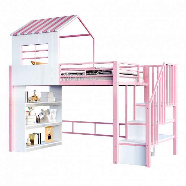 CHICFURN VYVÝŠENÁ POSTEL 90/200 cm v růžové barvě s úložnými schody a policí