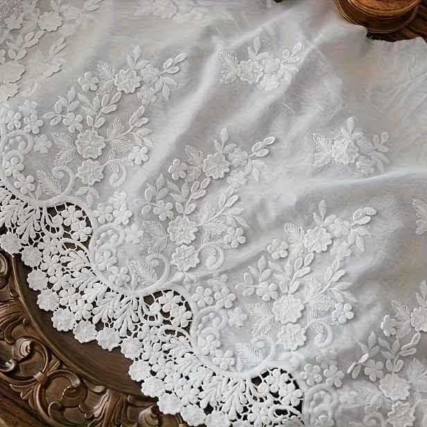 TEMU 1 ks, Francouzská lehká luxusní krátká záclona s reliéfní květinovou výšivkou a krajkou, bílá elegantní šatová záclona, vhodná do kuchyně,