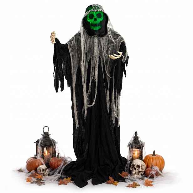 Velká dekorace Pohyblivá figurka Halloween Kostra Kostucha postava 183 cm