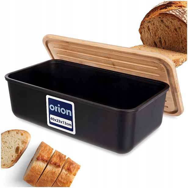 Chlebník s bambusovou deskou, černý, kuchyňský, na pečivo, chléb, rohlíky