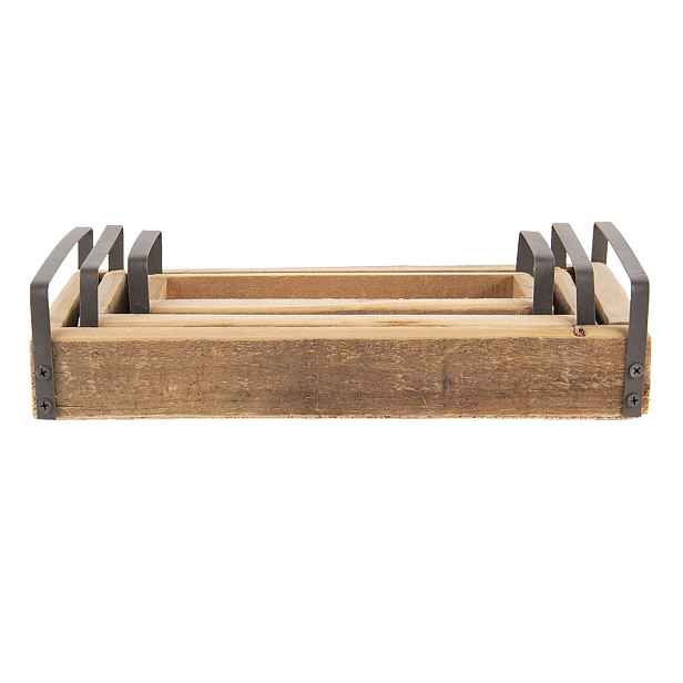 3 ks dekorativní servírovacích táců z recyklovaného dřeva s kovovými uchy - 35*20*5 / 30*15*5 / 25*10*5 cm Clayre & Eef