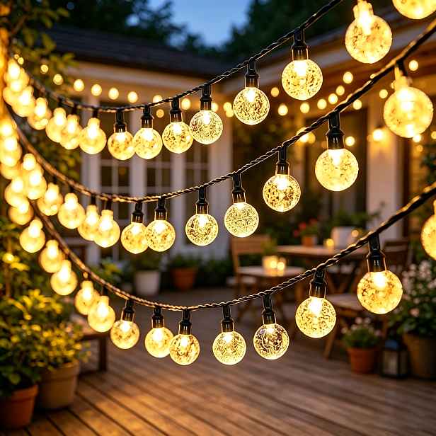 TEMU Solární LED světelný řetěz s křišťálovými koulemi /100/50/20 žárovkami, 8 světelných režimů. Venkovní dekorativní světelný řetěz, vhodný pro