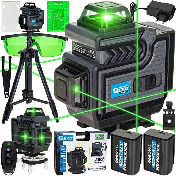 Laserová Vodováha 4D 16 Linií Stativ Kufr 360° 2xAKU 3Ah Křížový Laser