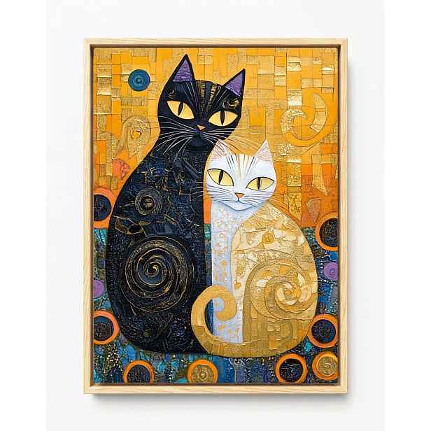 Obraz Rám American Box Mozaika Klimt Dvě Kočky Bílá Černá Yin Yang 60x80