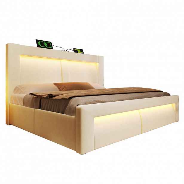 WISHDOR ČALOUNĚNÁ POSTEL 160/200 cm v béžovém sametu s úložným prostorem, LED osvětlením, USB a Type-C