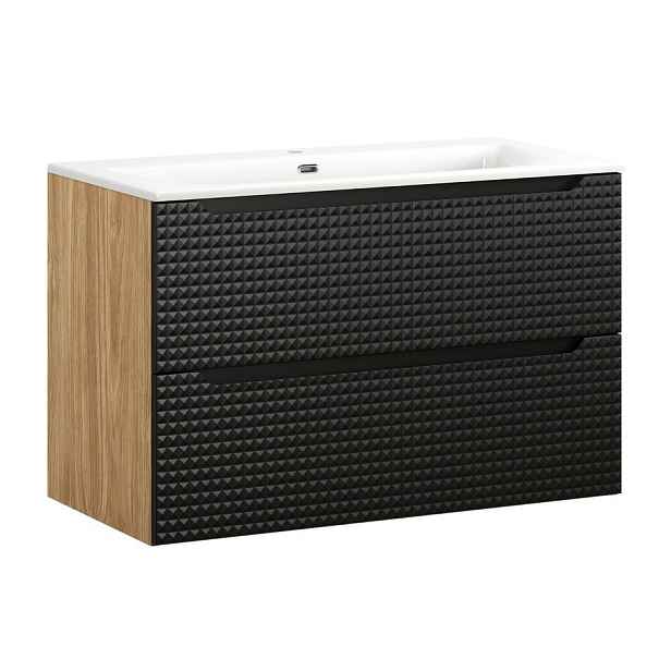 Comad Závěsná skříňka Luxor Black se zápustným umyvadlem 90 cm černá/dub olejovaný