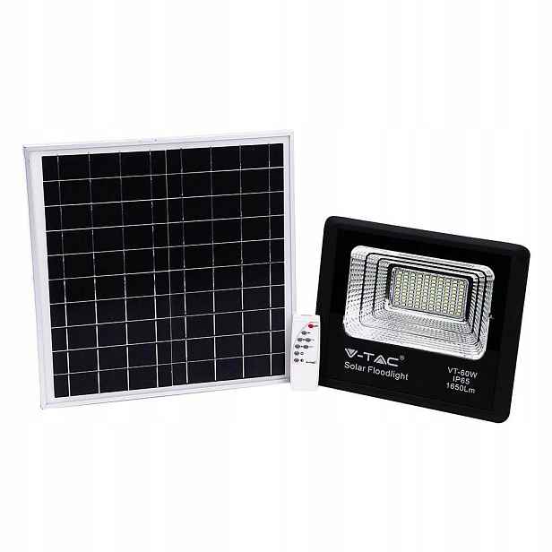 V-tac Led solární reflektor 20W černý IP65 dálkový ovladač časovač VT-60W 4000K