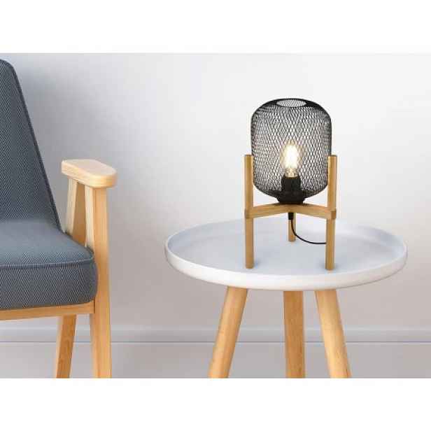 Stolní lampa Calimero, dřevo, drátěné stínidlo