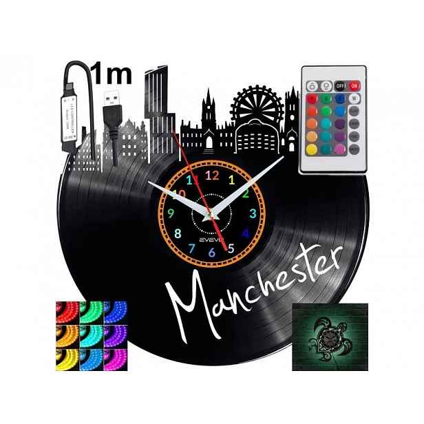 Manchester Nástěnné hodiny podsvícené Led Rgb na dálkové ovládání Vinylová deska Nově