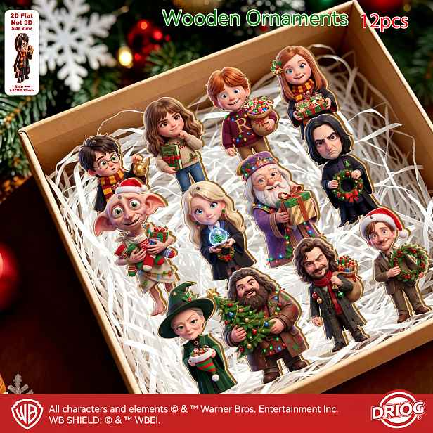 TEMU 2D ploché dřevěné ozdoby Vánoční série Harry Potter, Harry Potter Merchandise, dekorace do domácnosti/kanceláře, ozdoby na vánoční stromeček,