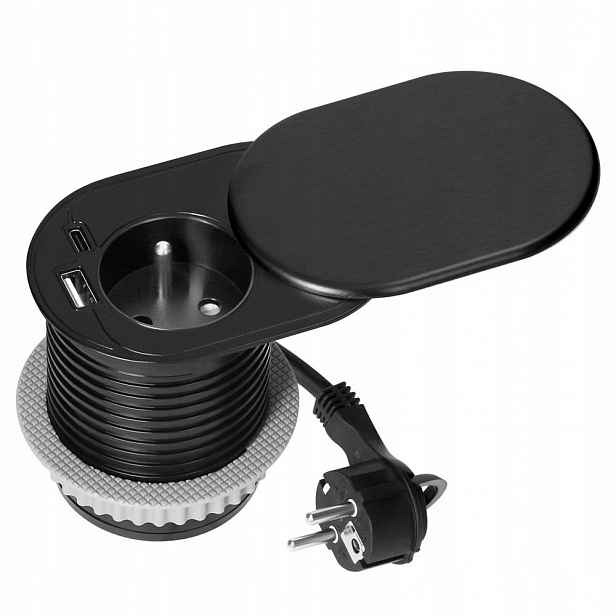 Nábytková zásuvka Ø6 cm, 1,9 m, 1x2P+Z (French), 2xUSB (typ A+c; PD20W), černá