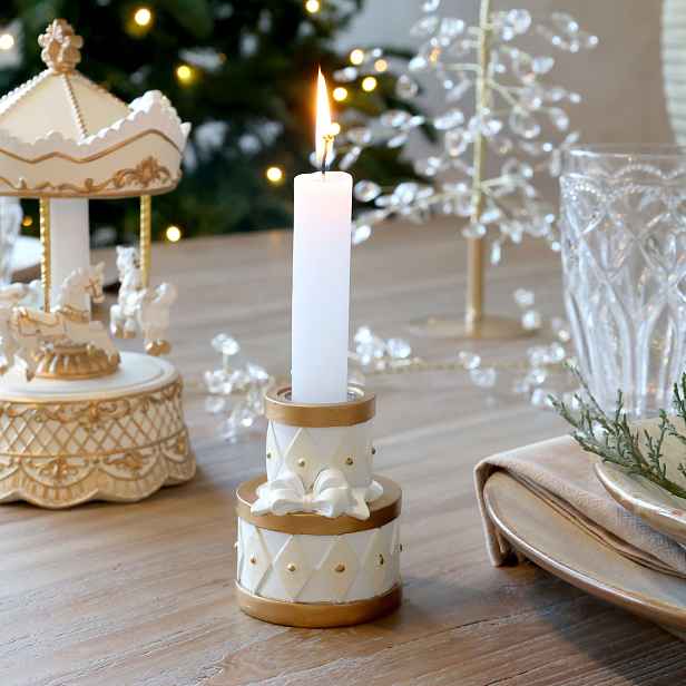 Svícen Noël s mašlí z polyresinu v antik krémové barvě – Ø 5,5*7,5 cm Chic Antique