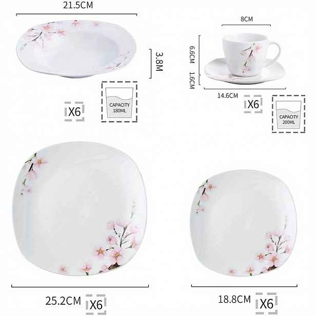 TEMU Sada 30 bílých keramických růžových porcelánových talířů s květinovým vzorem, jídelní talíř, talíř na polévku a dezert, šálky a podnosy na kávu