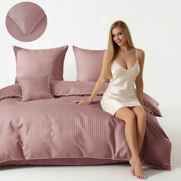 Povlečení 200x220 Damašek s pruhy 1 cm a lemováním Pudrová Růžová Tlustá Luxusní