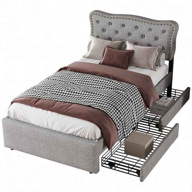 CHICFURN ČALOUNĚNÁ POSTEL 90/200 cm v šedé barvě se 2 zásuvkami a nastavitelným čelem ze lnu