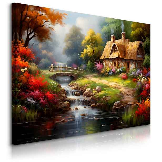 Muralo OBRAZ NA PLÁTNĚ Venkovský Domek Les Příroda Krajina 90cm x 60cm