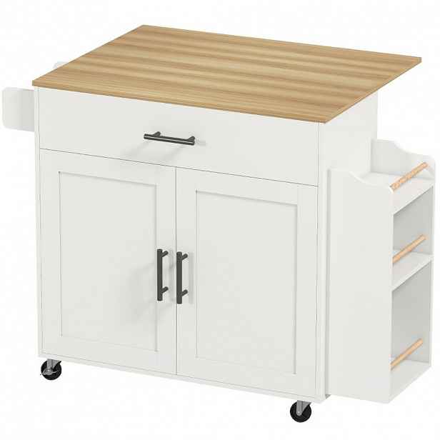 Modfu KUCHYŇSKÝ ostrůvek ze dřeva 120x68x85 cm bílý s rozkládací deskou, zásuvkou, skříňkou a kolečky